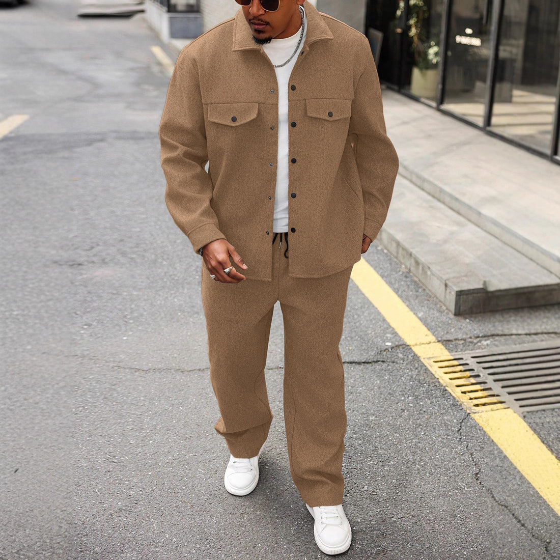 New Autumn Mens Casual Cargo Jacket And Pants Set in khaki, long sleeve jacket with ankle-length pants, modern men fashion street style