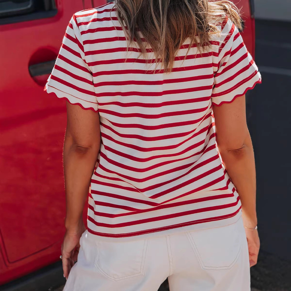 Womens Trendy, Avant-garde Striped T-shirt With A Ruffled Hem