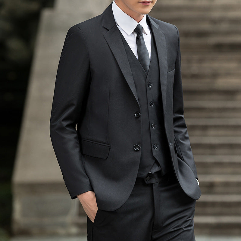 Alt Tag: Korean-style Casual Blazer Suit Jacket Three-piece Set black slim fit men’s suit with vest and tie, stylish men's clothing