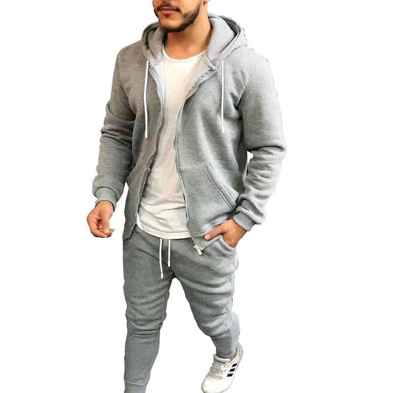Mens Fashion Solid-Color Casual Hooded Cardigan Set