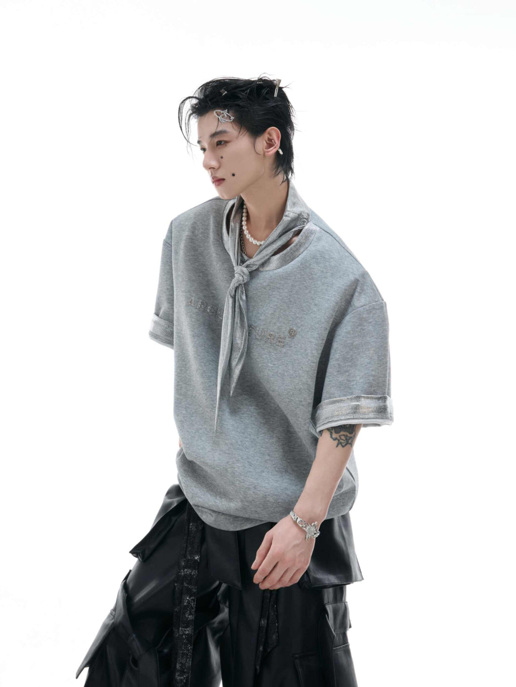 Tie Stitching Design Short Sleeve Metal Printing Simple T-shirt Tide