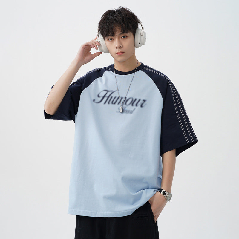 Retro Contrast Color Bright Line Raglan Sleeve Short Sleeve T-shirt Men's Summer New