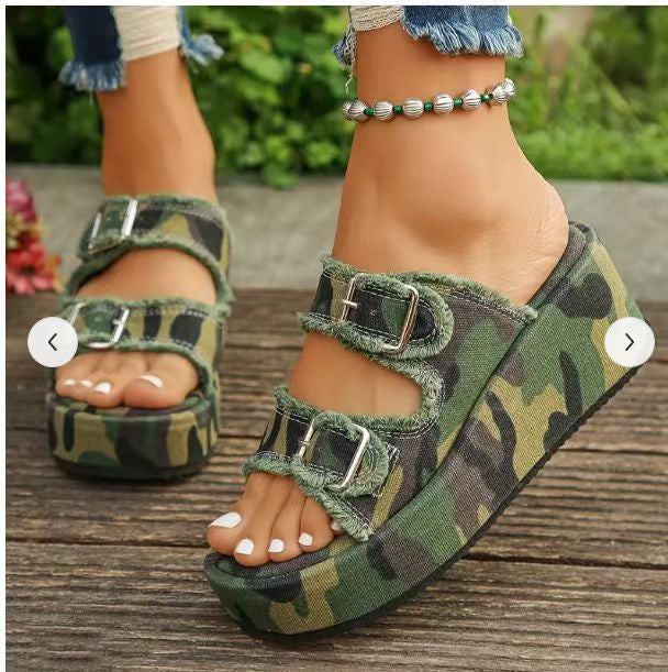 Fashion Denim Buckle Wedges Sandals Summer Outdoor High Heel Slippers Thick Bottom Camouflage Shoes For Women null