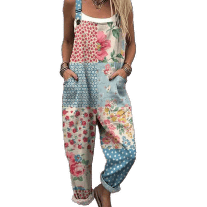 Women's Summer Digital Printing Button Casual Suspender Trousers