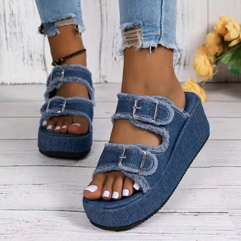 Fashion Denim Buckle Wedges Sandals Summer Outdoor High Heel Slippers Thick Bottom Camouflage Shoes For Women null