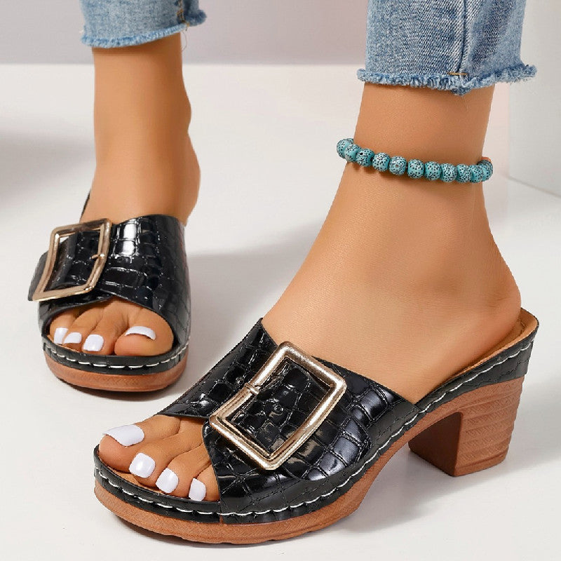 Fashion Crocodile-textured Buckle Sandals Square Chunky Heel Peep-toe Slides Slippers Women Shoes null