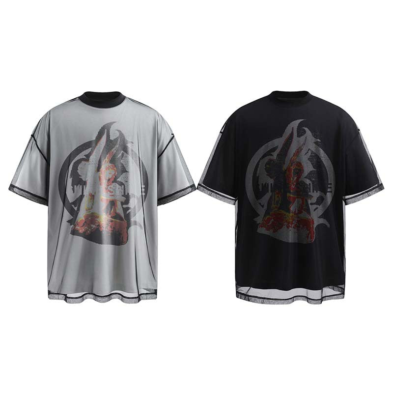 National Fashion American Angel Print Fake Two-piece Double-layer Niche Short-sleeved T-shirt Men
