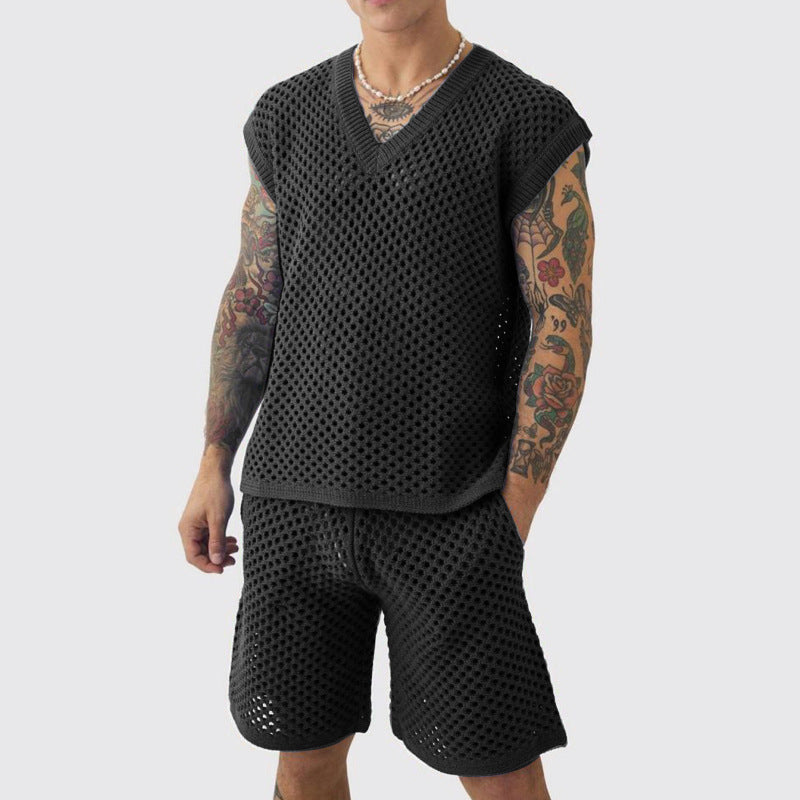 Men's V-neck Knitted Vest Shorts Suit