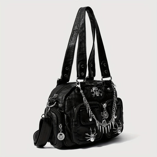 Vintage Gothic Style Tote Bag for Women, Halloween Skull and Spider Metal Chain, Punk Shoulder Tote with Fixed Straps, Zipper Closure, Water-Resistant PU, Polyester Lined - Black Dropshipman