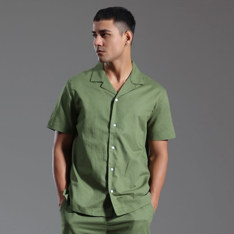 Cuban Collar Linen Cotton Blended Short-sleeved Shirt