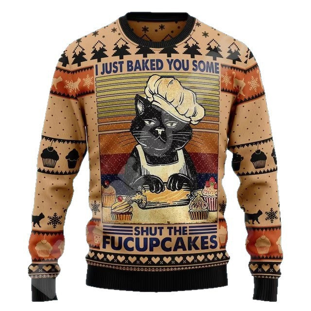 Christmas Chunky-knit Hoodie With Graffiti Tattoo And Vintage Print Unisex Harajuku-style Casual 3D Digital Design