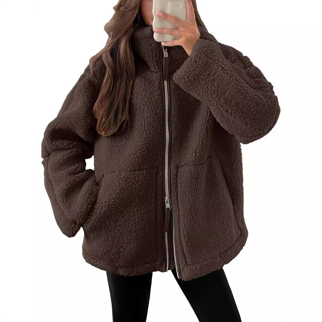 Winter Lapel Zip-up Coat With Pockets Casual Fashion Solid Fleece Jacket Fall Spring Long Sleeve Women's Clothing null