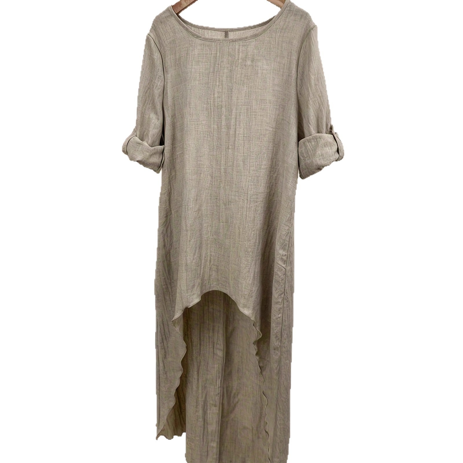 Womens Irregular Long Linen Top With A Crew Neck