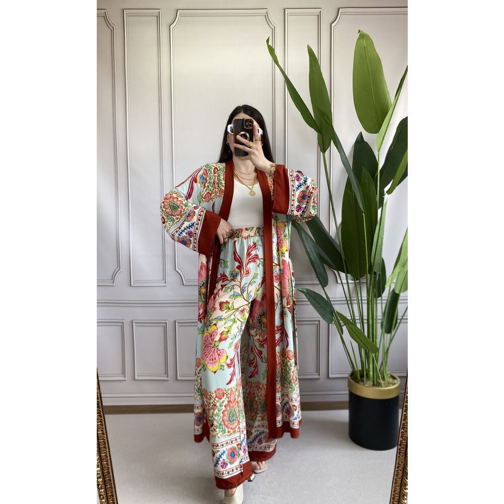 Casual Printed Design Long Shirt Wide Leg Pants Suit null