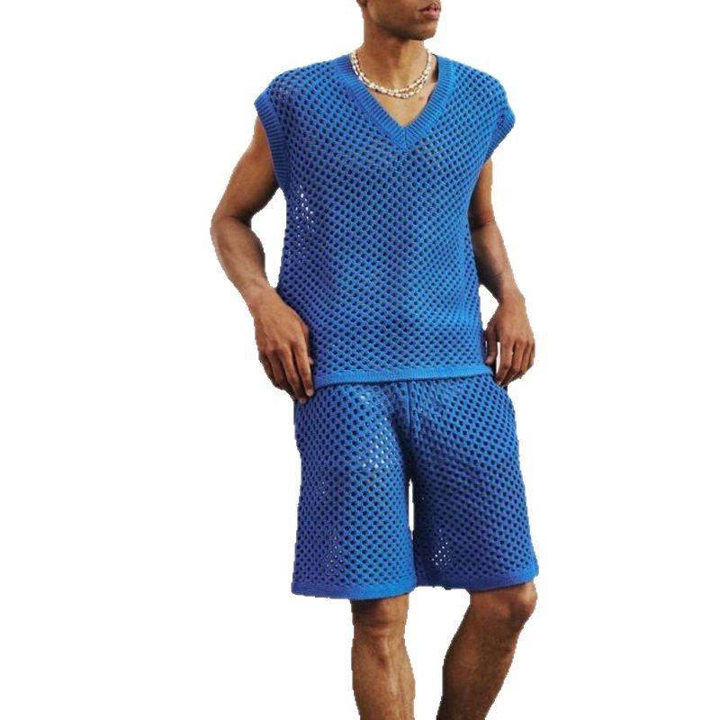 Men's V-neck Knitted Vest Shorts Suit