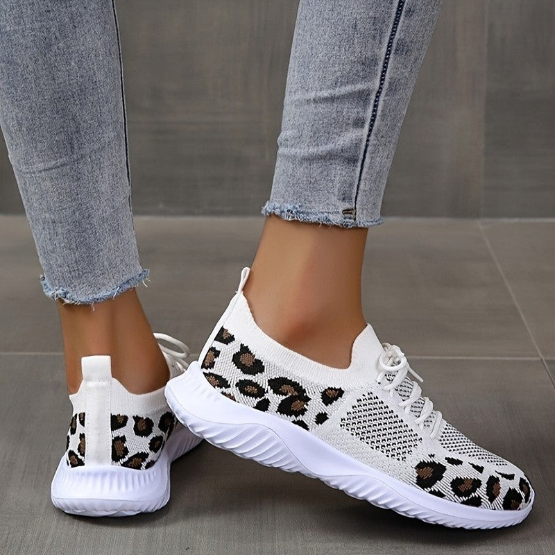 White Shoes Women Leopard Print Lace-up Sneakers Sports null