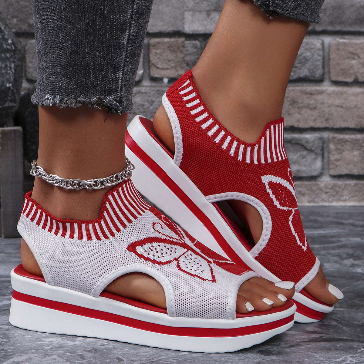 Summer Butterfly Print Sports Sandals Casual Breathable Flying Woven Flat Shoes For Women null