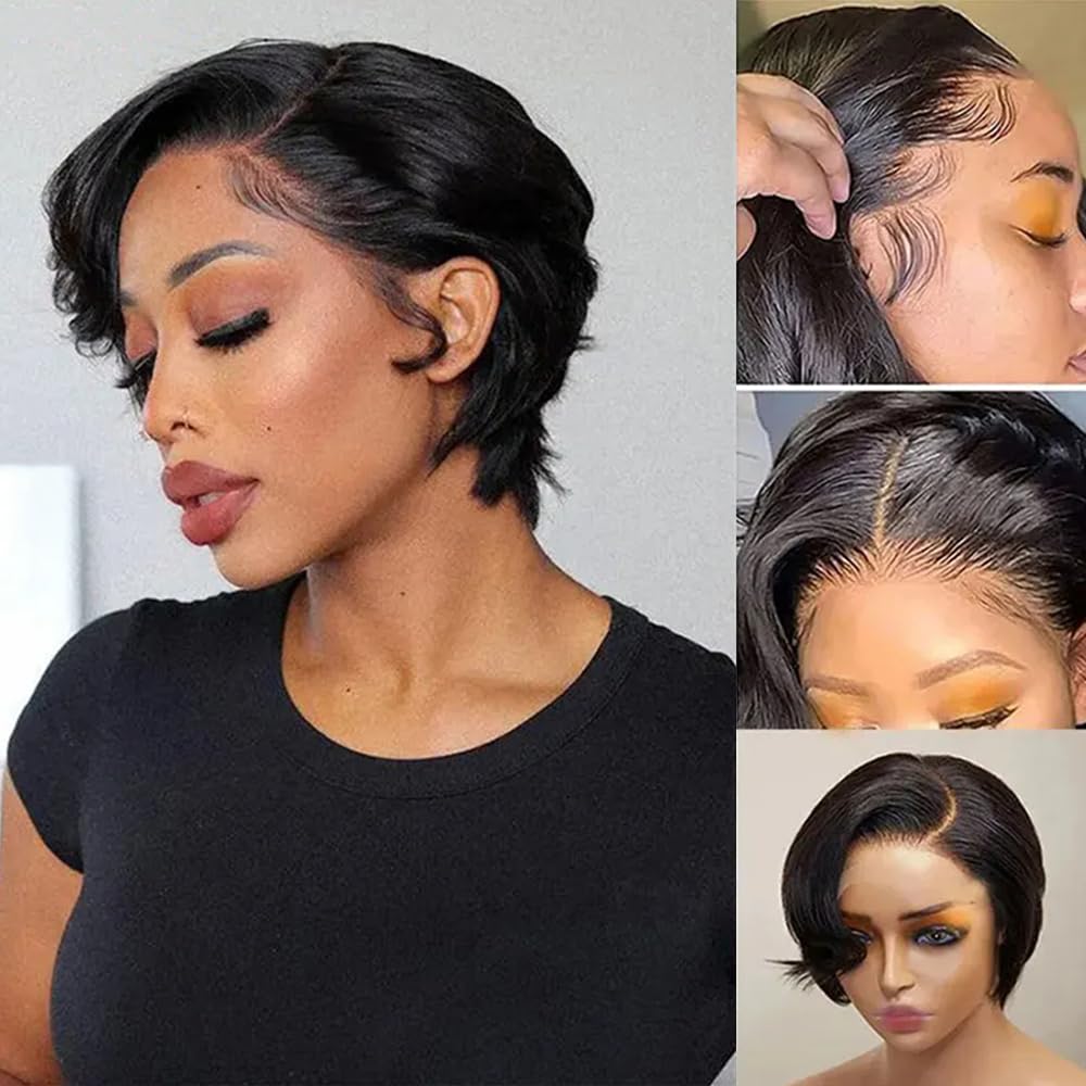 Pixie Cut Wigs Human Hair 13x4 Short Pixie Cut Lace Front Wig for Women Black Pixie Cut Transparent Frontal Wig Layered Straight Bob Glueless Wigs Pre Plucked with Baby Hair Brazilian Virgin Hair