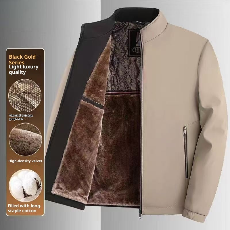 Middle-aged And Elderly Men's Fleece-lined Stand Collar Thickened Mid-aged Graphene Jacket Casual Warm High-end Coat