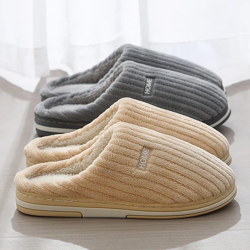 Solid Color Simple Cotton Slippers Winter Non-slip Home Warm Plush Slippers Household Indoor Couple Women's House Shoes null