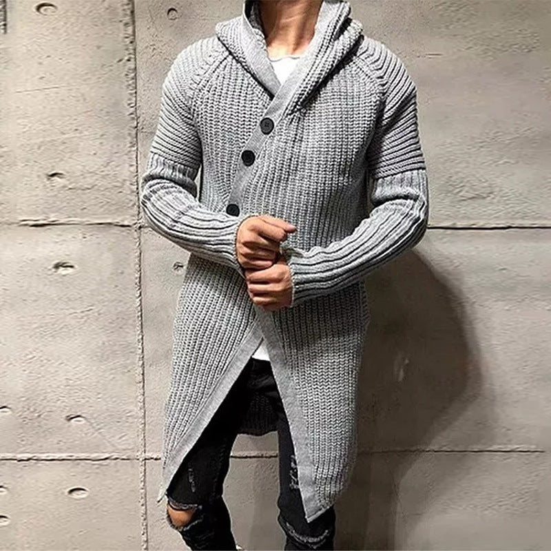 Long Knitted Hooded Sweater Coat Men Solid Color Button Casual Clothes null