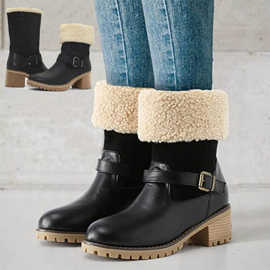 Fashion Boots With Buckle Chunky Heel Shoes Warm Winter Round Toe Western Boots For Women null