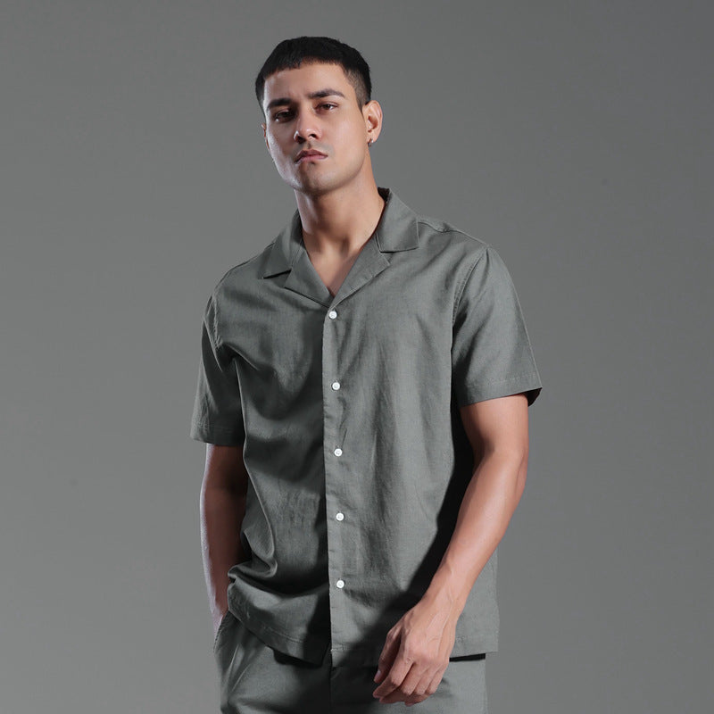 Cuban Collar Linen Cotton Blended Short-sleeved Shirt