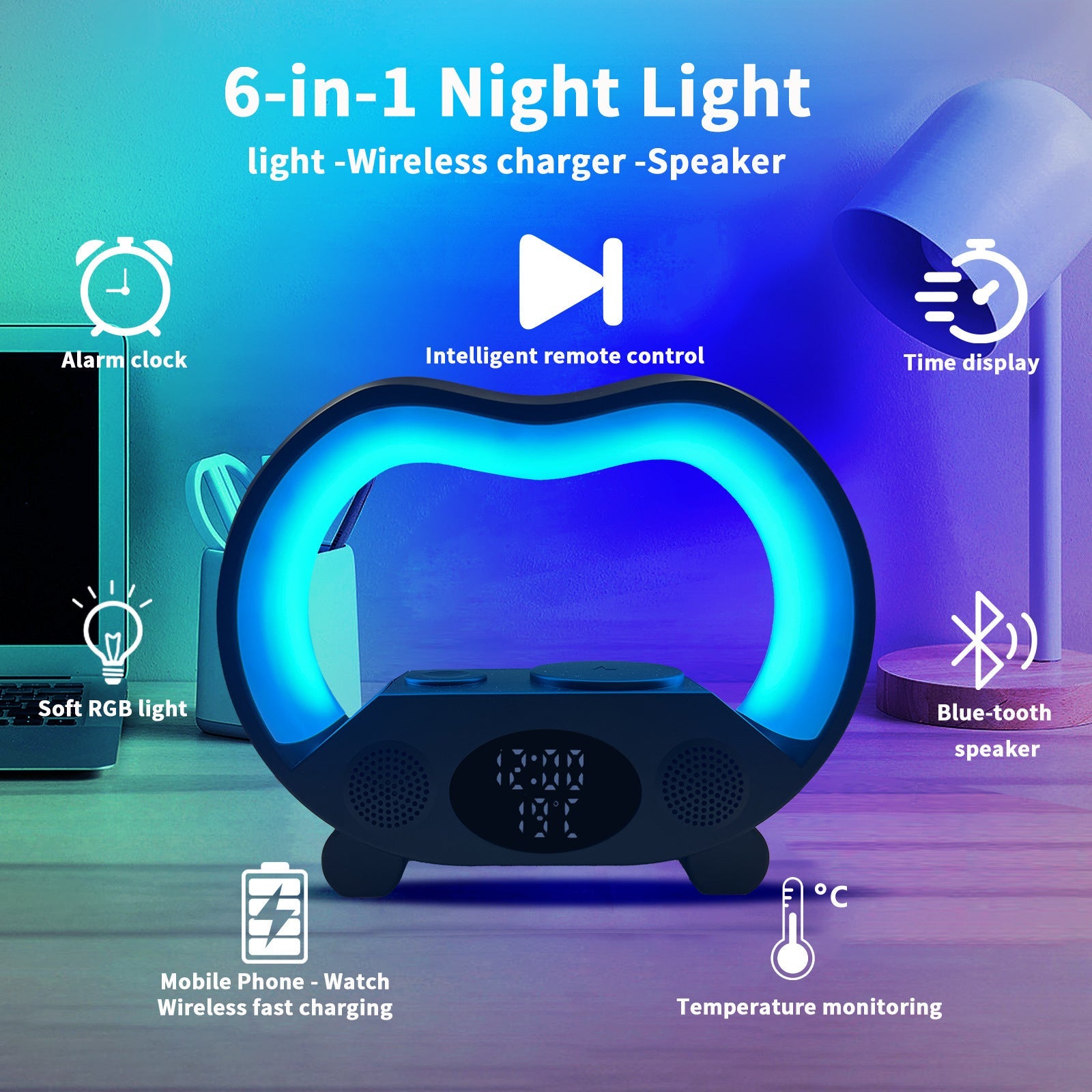 2024 New 6 In 1 Smart Remote Control Bluetooth-compatible Ambience Intelligent LED Table Lamp Multi-function Wireless Charger Night Light Bluetooth-compatible Speaker null