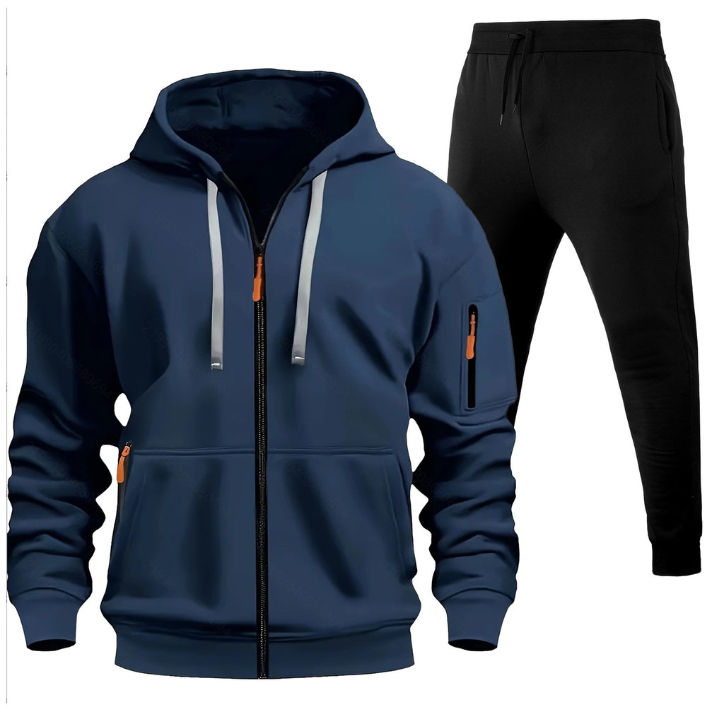 Men's Sports Hoodie Zip-up Multi-pocket Casual Hoodie Set