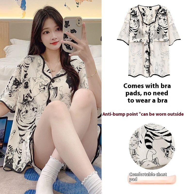 Summer Women's Cardigan Padded Pajamas Short Sleeve Shorts null