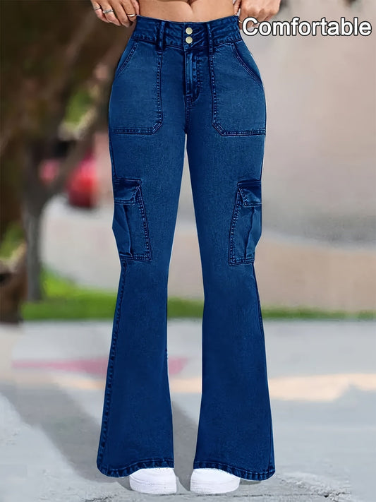 Women's High-Waist Stretch Denim Flare Jeans - Comfort Fit, Classic Slash Pockets, Dark Blue Washed, All-Season Wear Dropshipman