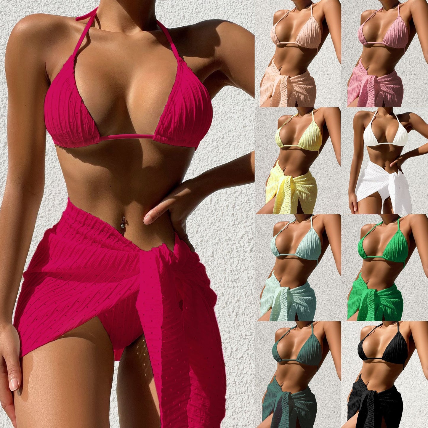 3pcs Halterneck Swimsuit Set Beach Solid Color Sexy Backless Bikini With Mesh Skirt Summer Womens Clothing.