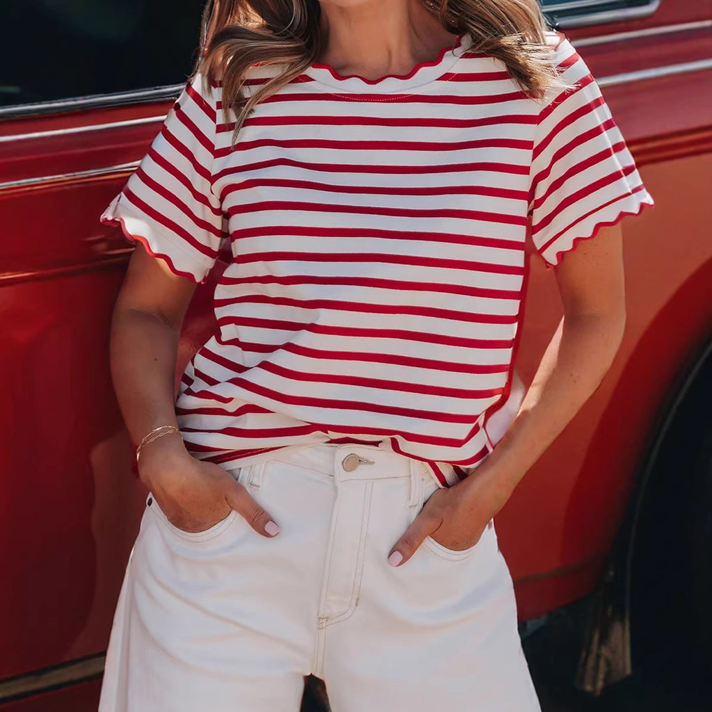 Womens Trendy, Avant-garde Striped T-shirt With A Ruffled Hem