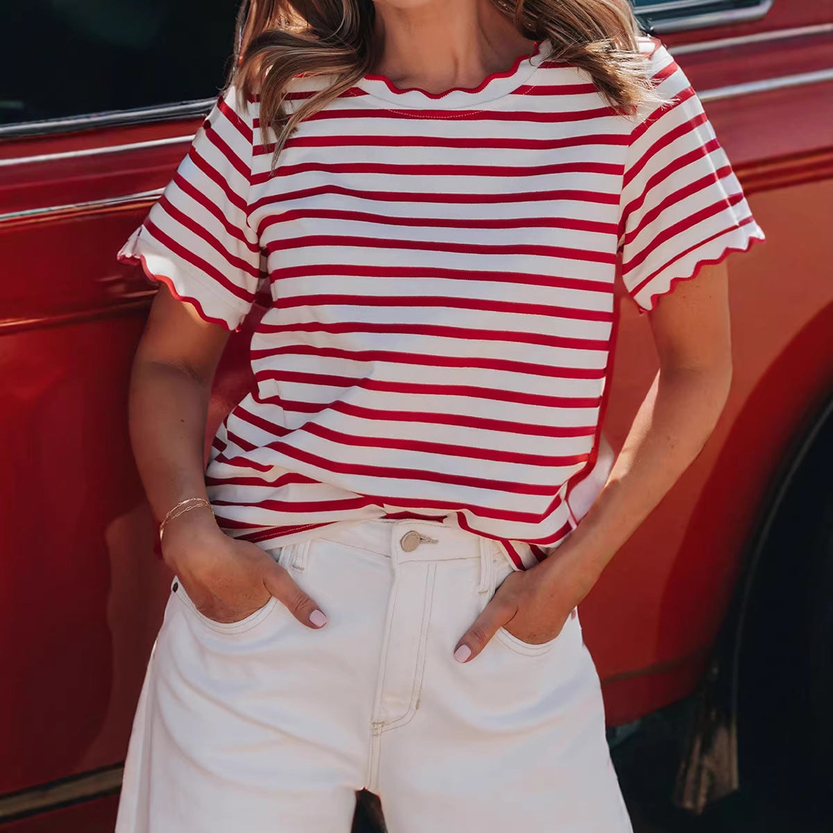 Womens Trendy, Avant-garde Striped T-shirt With A Ruffled Hem