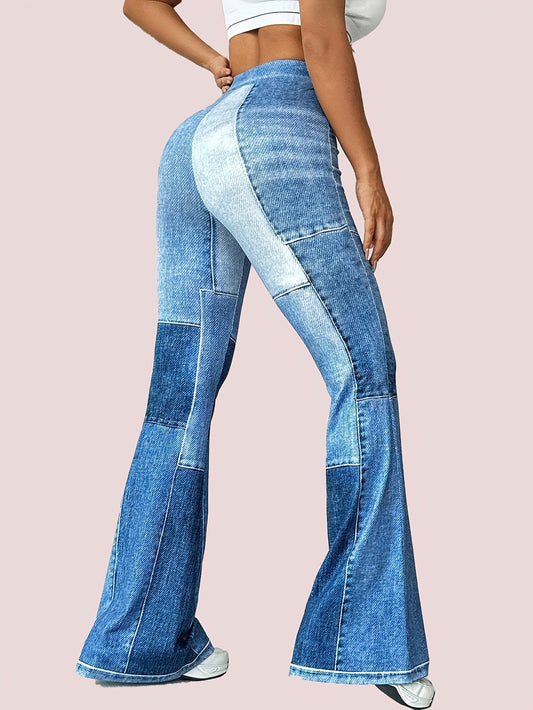 Women's High-Waisted Flare Jeans - Blue Denim Print, Patchwork Design, Stretchy & Comfortable, Casual Style, Machine Washable - Perfect for Spring & Summer, Comfortable Leggings|Bellbottom Silhouette|Smooth Texture Fabric Dropshipman