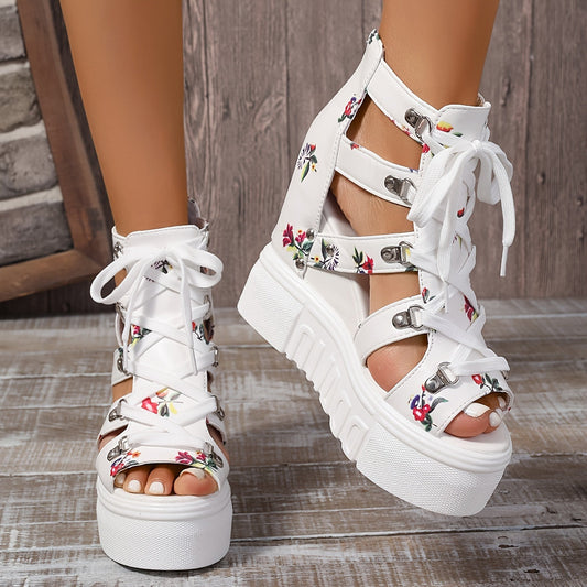 Women's Floral Vintage Sandals, Back Zipper Platform Hollow Lace Up Shoes, Summer Breathable Wedge Holiday Shoes Dropshipman