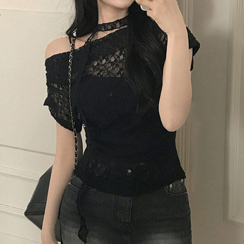 Lace Slimming Hollow-out Short-sleeve Off-shoulder T-shirt Top