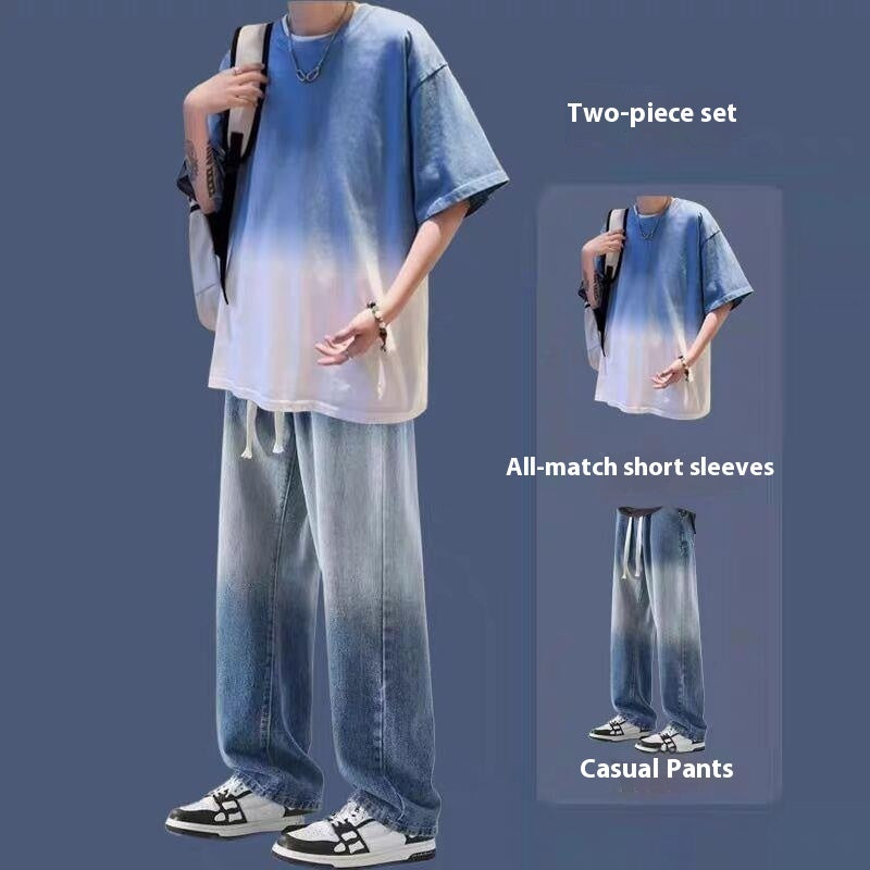 Gradient Short-sleeved Men's Summer Suit Jeans Ruoshuai Two-piece Set