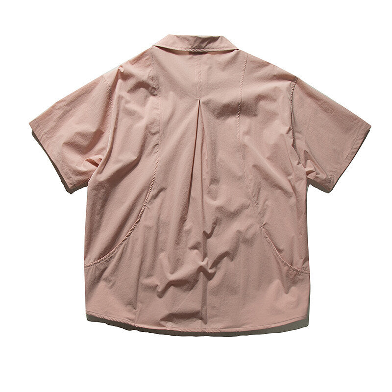 Japanese Style Hidden Zipper Design Pocket Short Sleeve Shirt