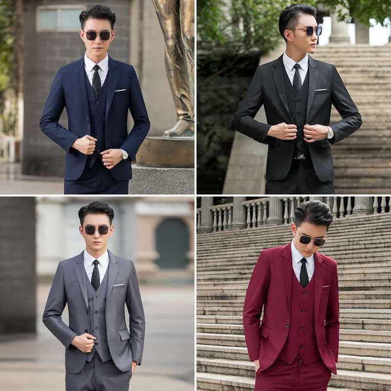 Korean-style Casual Blazer Suit Jacket Three-piece Set for men in navy, black, gray and burgundy slim-fit suits with shirt and tie