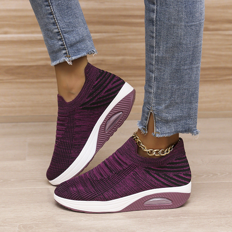 New Stripe Design Mesh Shoes Fashion Slip On Air Cushion Shoes Breathable Round-toe Flats Women null