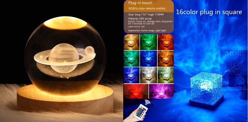 LED Water Ripple Ambient Night Light USB Rotating Projection Crystal Table Lamp RGB Dimmable Home Decoration 16 Color Gifts null