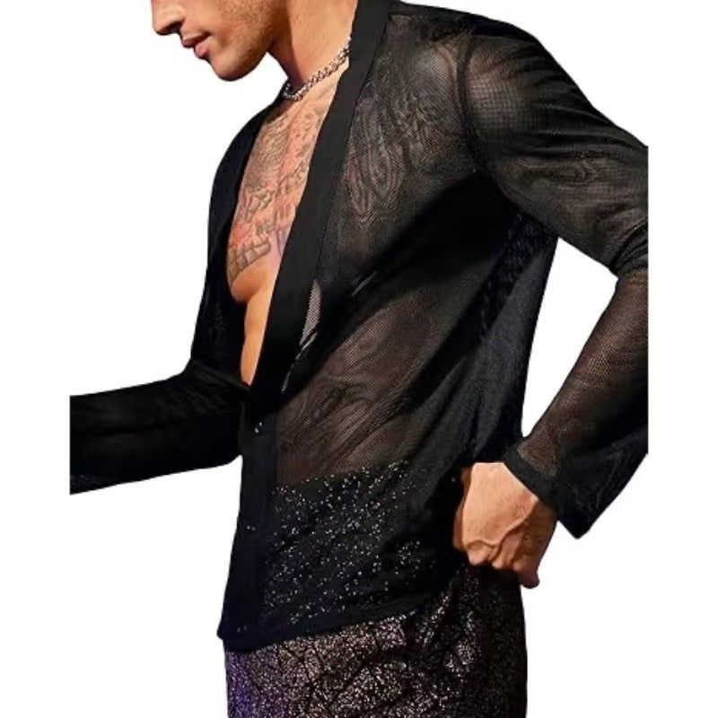 Men's Transparent Mesh V-Neck Cardigan Top
