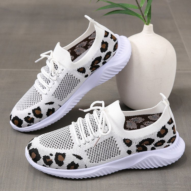 White Shoes Women Leopard Print Lace-up Sneakers Sports null