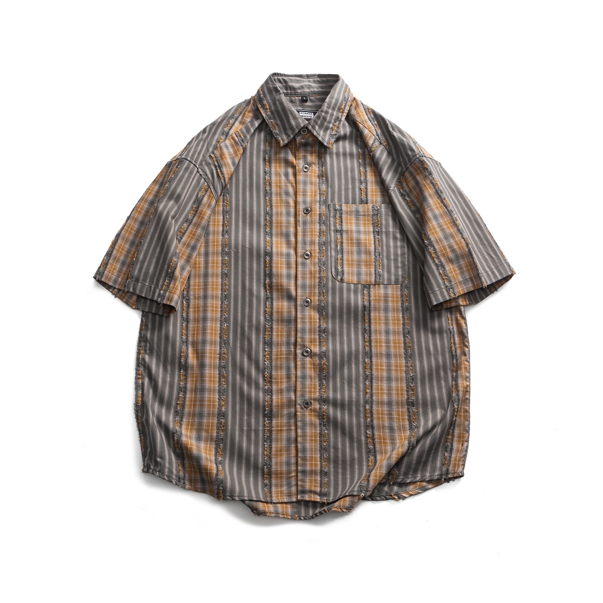 Striped Plaid Colorblock Frayed Short-sleeved Shirt