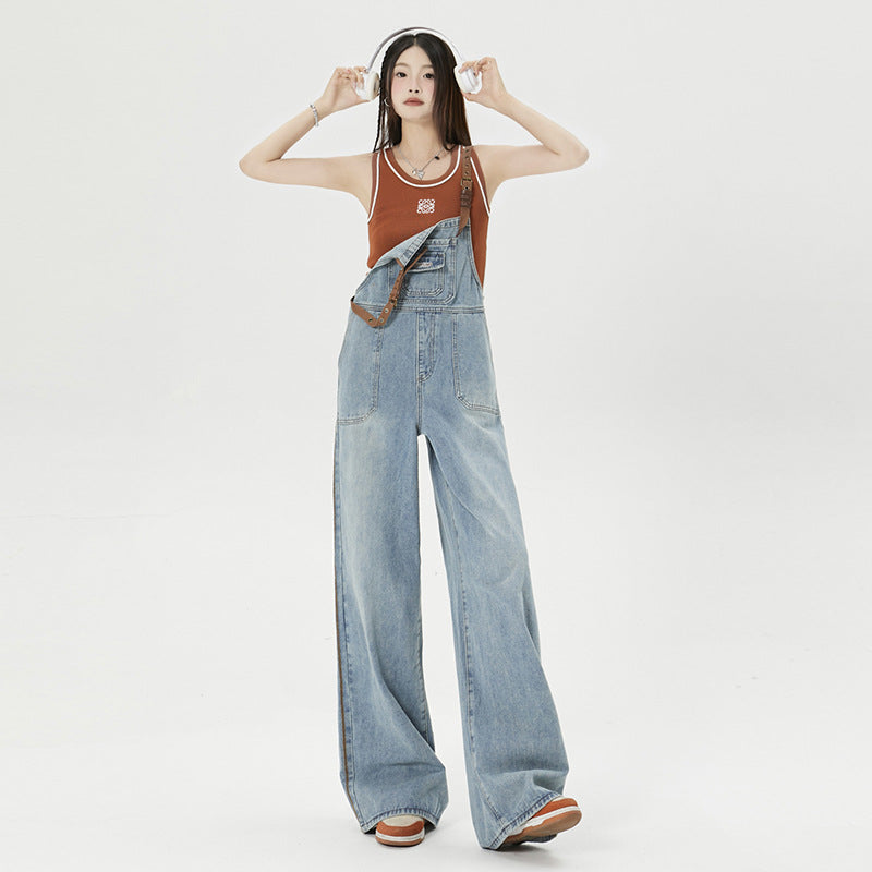 Washed Blue Loose Shoulder Strap Jeans