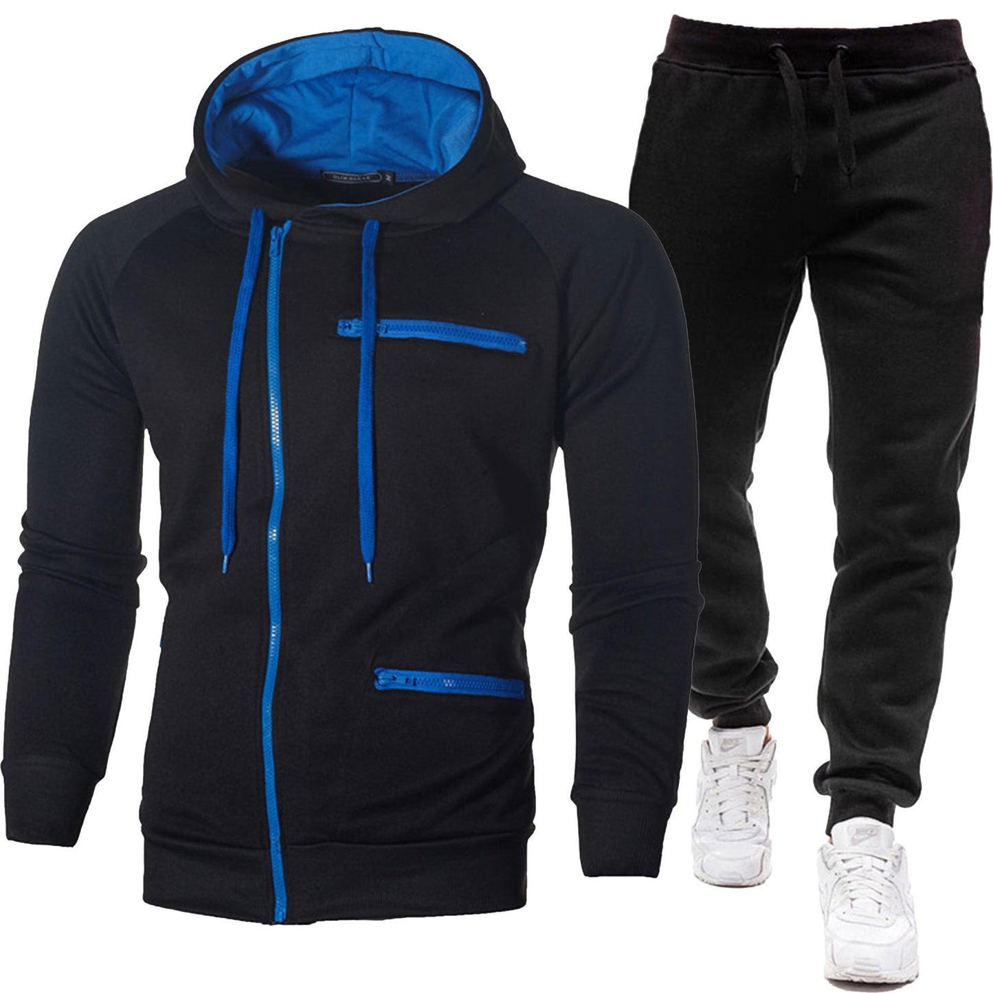 Men's Solid Color Sports Casual Jacquard Sweatshirt Fleece Hooded Cardigan Men's Suit