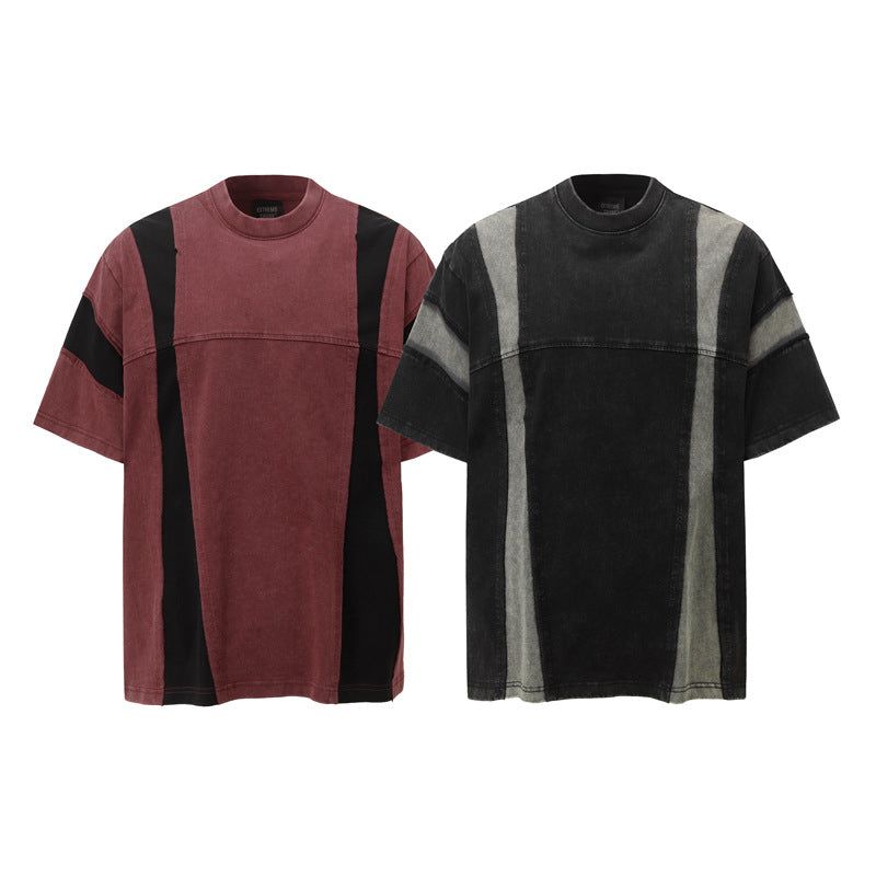Retro Washed Distressed Short Sleeve Men's Stitching Contrast Color