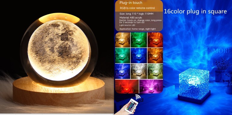 LED Water Ripple Ambient Night Light USB Rotating Projection Crystal Table Lamp RGB Dimmable Home Decoration 16 Color Gifts null