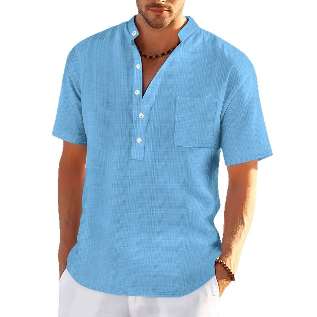 Stand Collar Short Sleeve Loose Leisure Vacation Henley Shirt